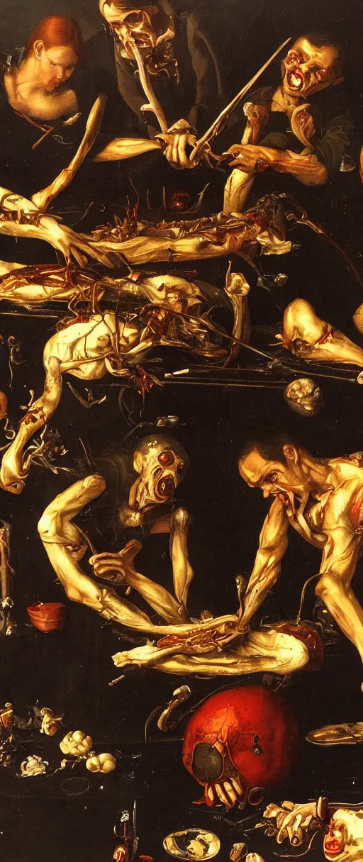 Image similar to renaissance close up studio shot oil painting of vampires at work dissecting a body for dinner