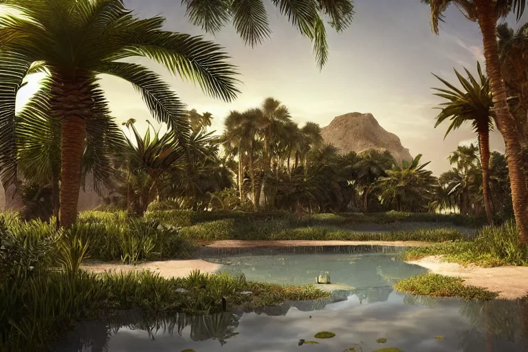 Prompt: oasis in the middle of a desert, dramatic, small pond middle frame, palm trees, bushes, mid day, sand dune background, large scale, hyperrealistic, lots of detail, realistic lighting, octane render, by wlop, artgerm, trending on artstation