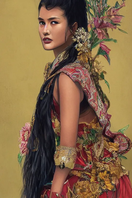 Image similar to portrait of an indonesian supermodels wearing traditional costume,!!!! very coherent!!!! highly detailed, digital painting, artstation, concept art, sharp focus, illustration, art by kittichai rueangchaichan and james gurney and alphonse mucha