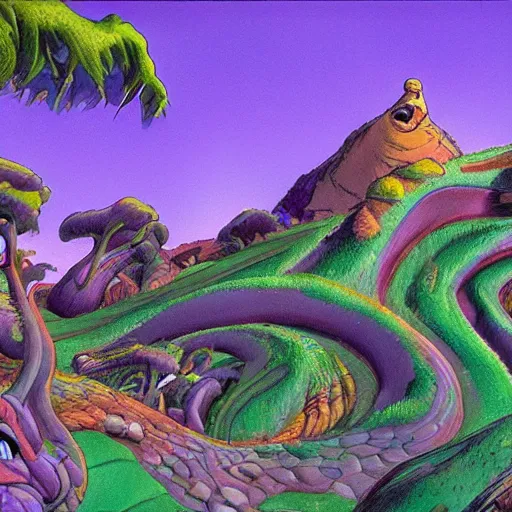 Image similar to The Purple People Eater :: extremely detailed landscape, Pixar, concept art by Don Bluth :: a masterpiece by Alan Davis ::