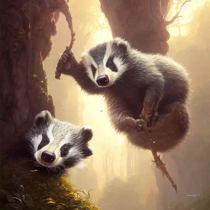 Image similar to highly detailed portrait of a cute badger, unreal engine, fantasy art by greg rutkowski, loish, rhads, ferdinand knab, makoto shinkai and lois van baarle, ilya kuvshinov, rossdraws, tom bagshaw, alphonse mucha, global illumination, radiant light, detailed and intricate environment