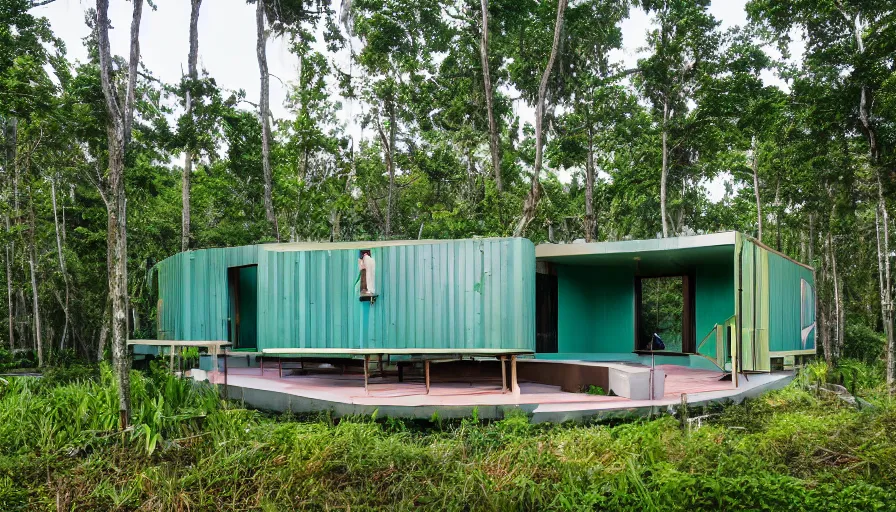 Image similar to A wide image of an eco-community neighborhood of innovative contemporary 3D printed prefab sea ranch style cabins with rounded corners and angles, beveled edges, made of cement and concrete, organic architecture, in a lush green forest Designed by Gucci and Wes Anderson, golden hour