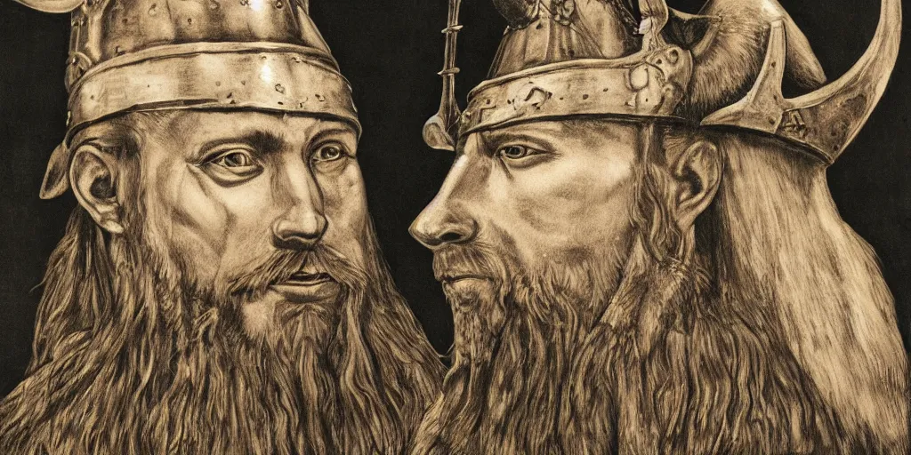 Prompt: realistic portrait of viking king with a wolf head as hat, 1450, ink, 8k, ultra realistic