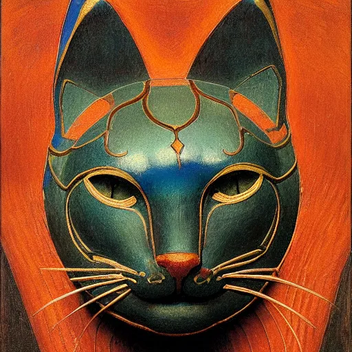 Image similar to cloisonne cat head sculpture, by annie swynnerton and diego rivera and nicholas roerich and jean delville, symbolist, dramatic lighting, god rays, art brut, rich colors, smooth, sharp focus, extremely detailed, adolf wolfli and ( donato giancola )