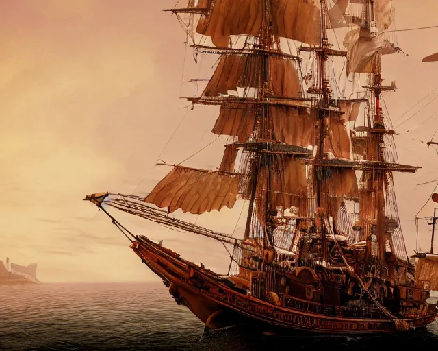 Prompt: highly detailed rendering of the HMS Bounty ship low angle cinematic art station 8k hd mist