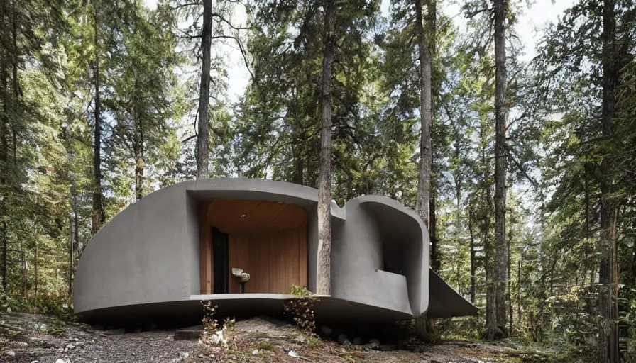Prompt: A small modern cabin in the woods with rounded corners, made of cement, Designed by Rolls Royce, Gucci, Balenciaga, and Wes Anderson
