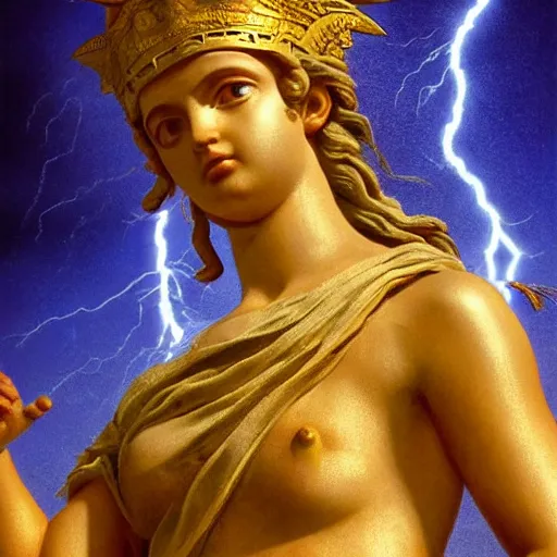 Prompt: Bright explosive Birth of Athena from the head of lightning god Zeus, hyperrealism, no blur, 4k resolution, ultra detailed,