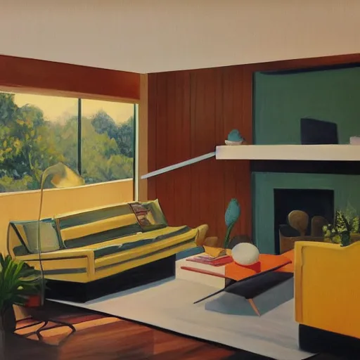 Prompt: painting of cozy mid century modern living room, artgerm