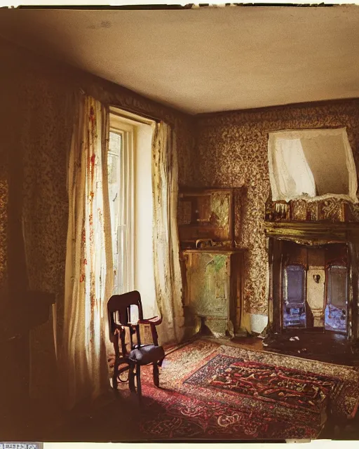 Prompt: the interior of an old house in devonshire that is probably haunted, delicate embellishments, painterly, offset printing technique, photographed on kodachrome by brom, robert henri, walter popp, cinematic lighting, various refining methods, micro macro autofocus, ultra definition, award winning photo