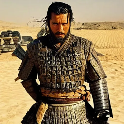 Image similar to handsome and strong kurdish!!!! samurai in a movie directed by christopher nolan, movie still frame, promotional image, imax 7 0 mm footage, perfect symmetrical facial features