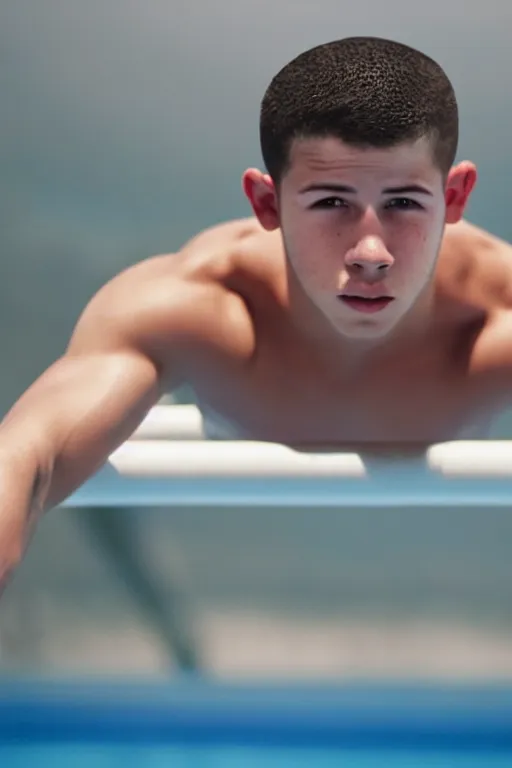 Prompt: close up still shot of young nick jonas standing on the diving board, summer olympics footage, 3 5 mm, highly detailed, disney channel original movie, dynamic lighting, subject centered in photo, octane render