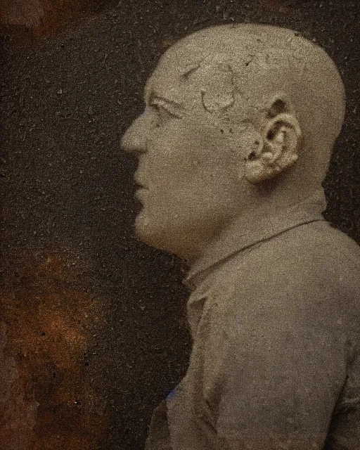 Image similar to a man's face in profile, made of patina, in the style of the dutch masters and gregory crewdson, dark and moody