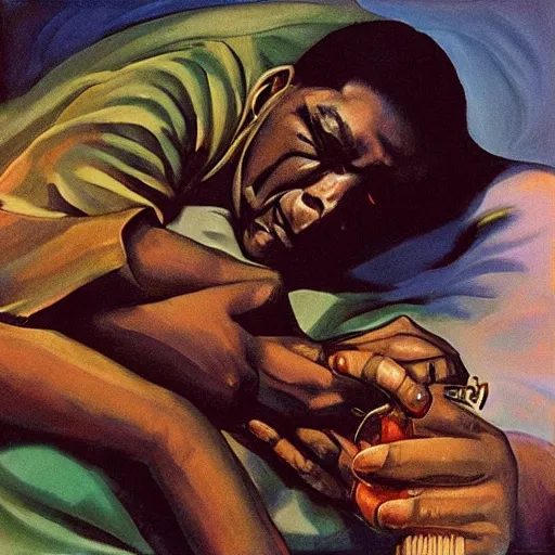 Prompt: john coltrane snuggling a slimy goblin