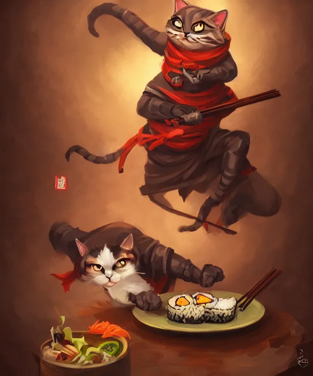 Image similar to a portrait of an anthropomorphic cat ninja eating sushi, ninja outfit, standing in a restaurant, cute and adorable, dnd character art portrait, well rendered matte fantasy painting, deviantart artstation, by jason felix by steve argyle by tyler jacobson by peter mohrbacher, cinematic lighting