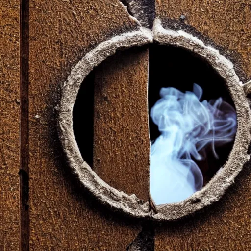 Image similar to the pov of a door hole, smoking, family, scary,