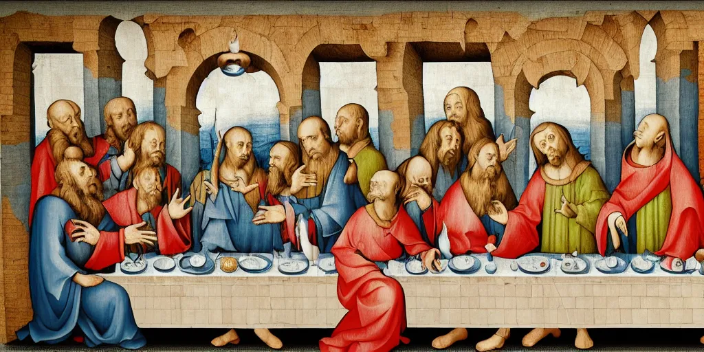 Image similar to multilayer last supper full color gradient pattern of escher style 3 6 0 panorama with hieronymus bosch style bubbles, unfinished, very detailed