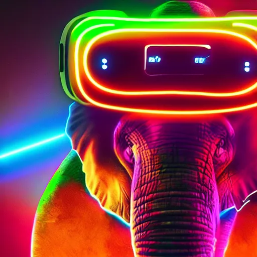 Prompt: an elephant in a neon world wearing a vr headset