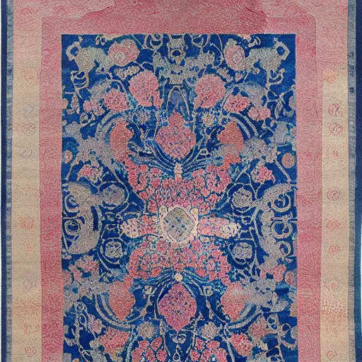 Prompt: A blue colored Japanese ukiyo-e rug with a Persian rug edge.,with soft pink colors