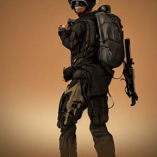 Prompt: futuristic insurgent wearing black helmet glossy visor, brown cloak, technical vest, and a backpack, photorealistic, digital art