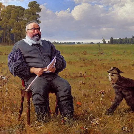 Image similar to Gary Gygax in earflaps stands in the middle of the field, Rye (Shishkin), painting by Ivan Shishkin, painting by Ivan Shishkin, painting by Valentin Serov, oil painting