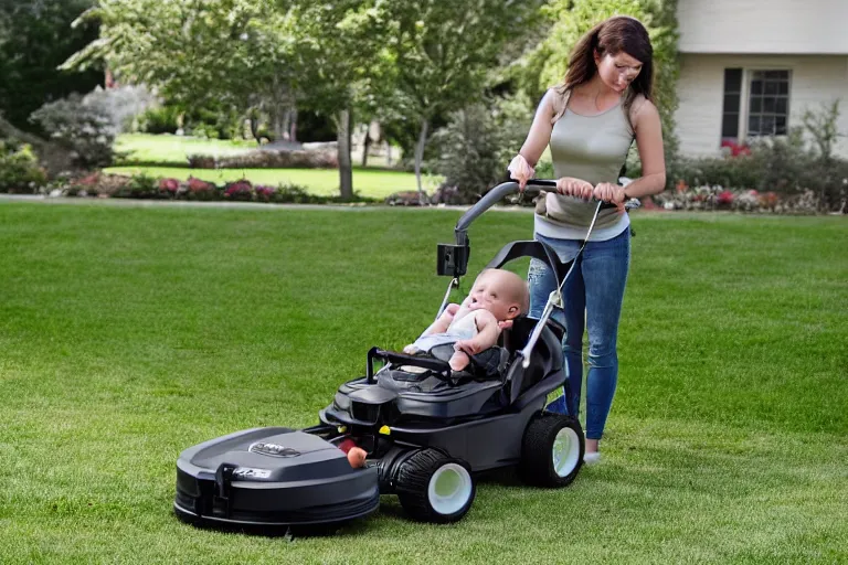 Image similar to baby stroller with a lawn mower attachment