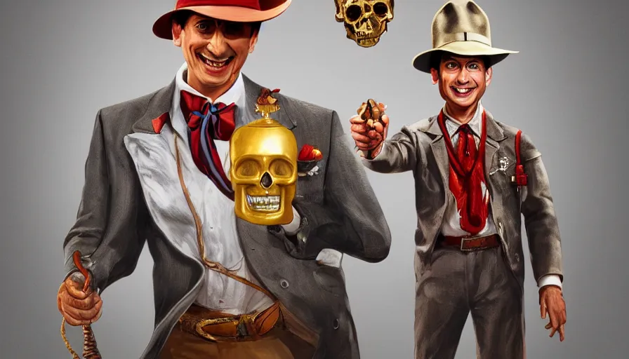 Image similar to pee - wee herman as indiana jones holding a whip in left hand and holding a golden mayan skull in the right hand, grey background, hyperdetailed, artstation, cgsociety, 8 k