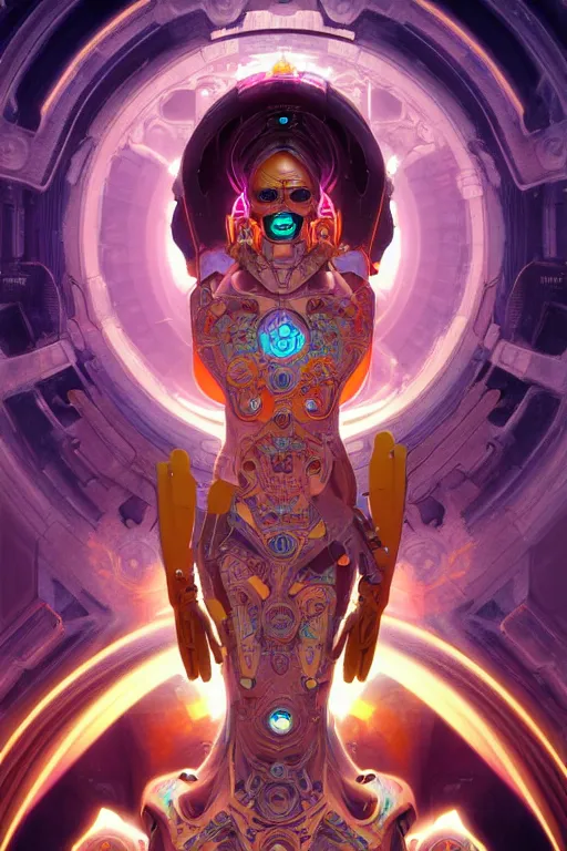 Prompt: ultra detailed female android deity, scifi, fantasy, octane render, dia de los muertos, asymmetrical intricate concept art, triadic color, art by artgerm and greg rutkowski and alphonse mucha, 8 k