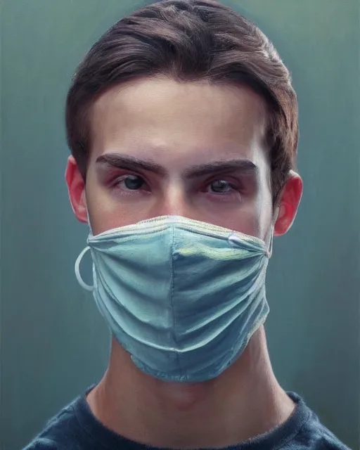 Image similar to masterpiece oil paint of a european young man covering face with fabric mask, ultrarealistic, trending on artstation, extremely detailed