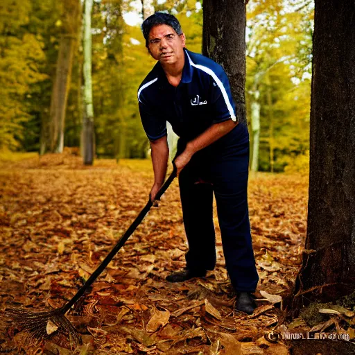 Image similar to closeup portrait of a cleaner with a huge rake in a fall forest, sports photography, by Neil Leifer and Steve McCurry and David Lazar, natural light, detailed face, CANON Eos C300, ƒ1.8, 35mm, 8K, medium-format print