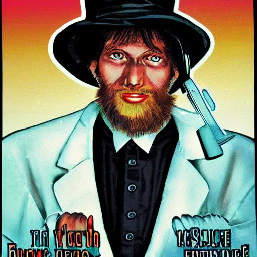 Image similar to Amish Cyborg, 1980s science fiction movie poster