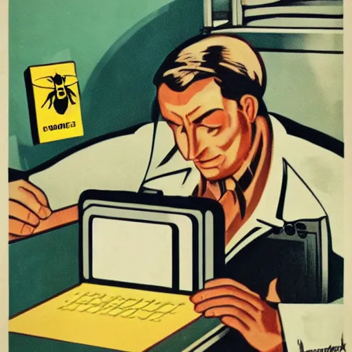 Image similar to a man sleeping at a computer is stung by a bumblebee, ww 2 propaganda poster, no text, highly detailed