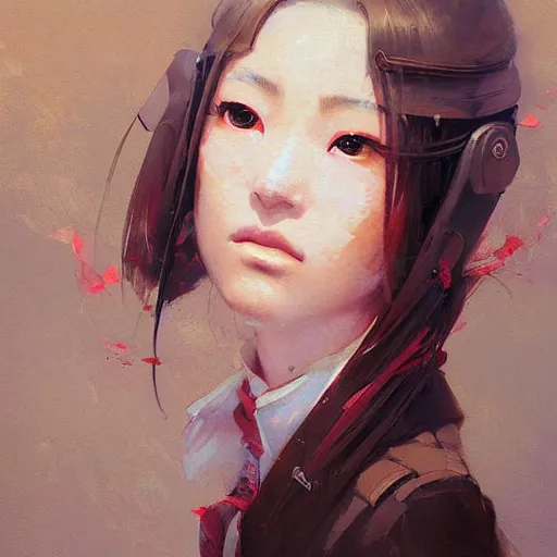 Image similar to a painting of Japanese schoolgirl by Greg Rutkowski, Peter Mohrbacher, Craig Mullins, Karol Bak, Michael Garmash.