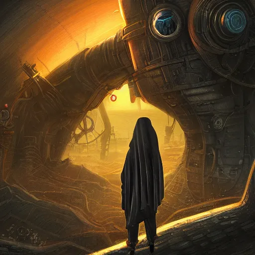 Image similar to hooded figure standing at the edge of reality gazing into the unknown, sunset on distant machine planet, steampunk, cyberpunk, detailed digital painting, smooth, sharp focus, artstation, artgerm, 4 k ultra hd, fantasy dark art