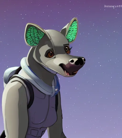 Image similar to digital detailed full body of anthromorphic female hyena, in style of zootopia, fursona, furry, furaffinity, 4 k, deviantart, wearing astronaut outfit, in style of zootopia, floating in space, space background, in deep space, dark background, hyena fursona, cyberpunk, female, stylized face,