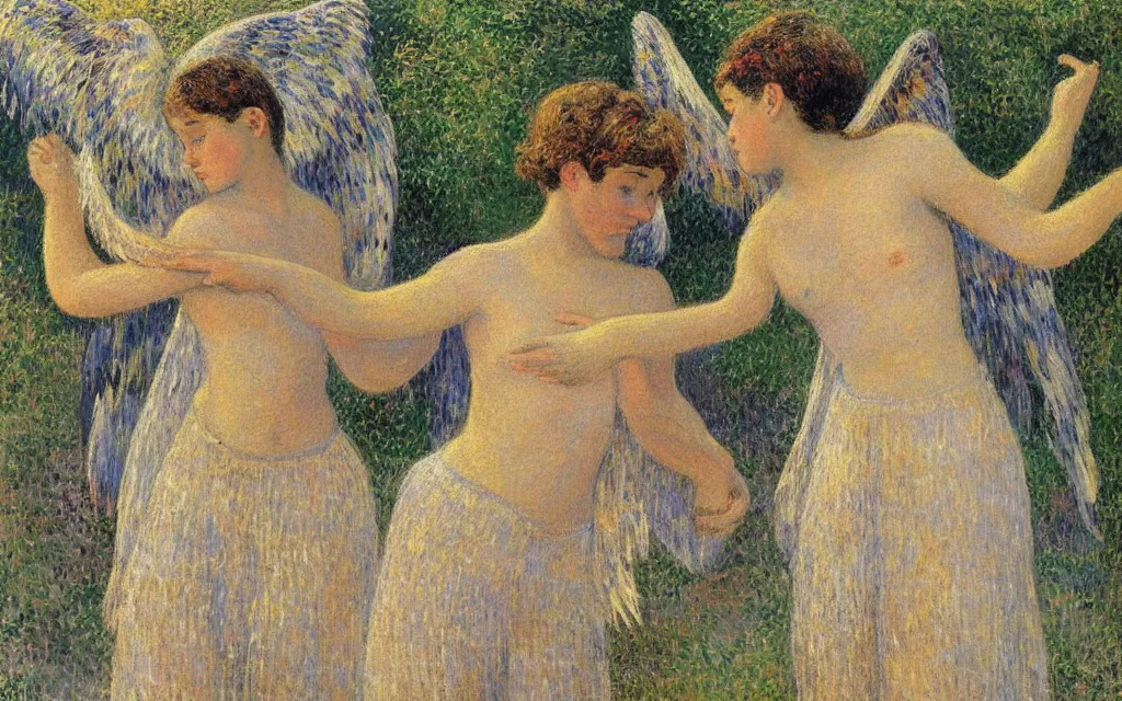 Prompt: vision of angels with a broken halo, trying to fix it by camille pissarro and paul gustave fischer