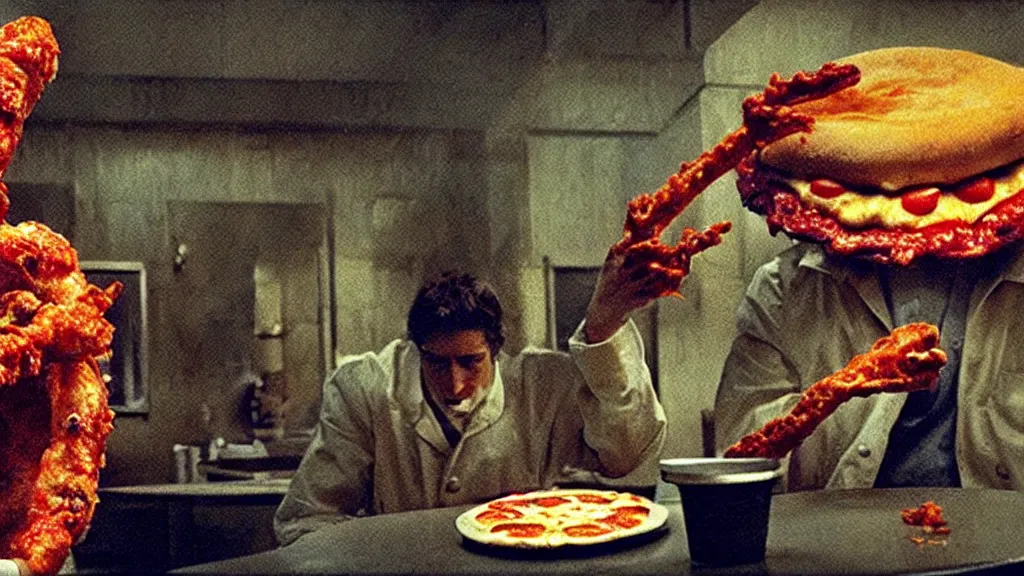 Image similar to the strange pizza creature at the fast food restaurant, film still from the movie directed by denis villeneuve and david cronenberg with art direction by salvador dali and zdzisław beksinski,