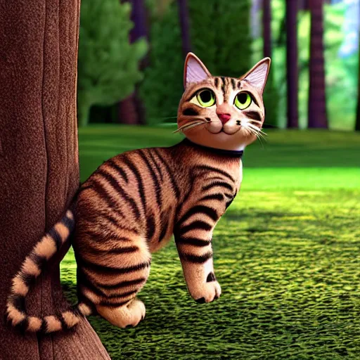 Image similar to pixar movie, brown tabby cat, 3 d, pixar _ tabby _ cat in a forest