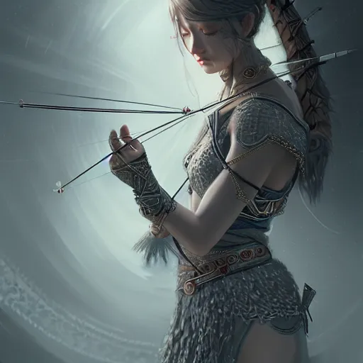 Prompt: beautiful extremely detailed intricate concept art depicting an archer by wlop. shining jewelry. grey atmosphere. particles in the background. deviantart