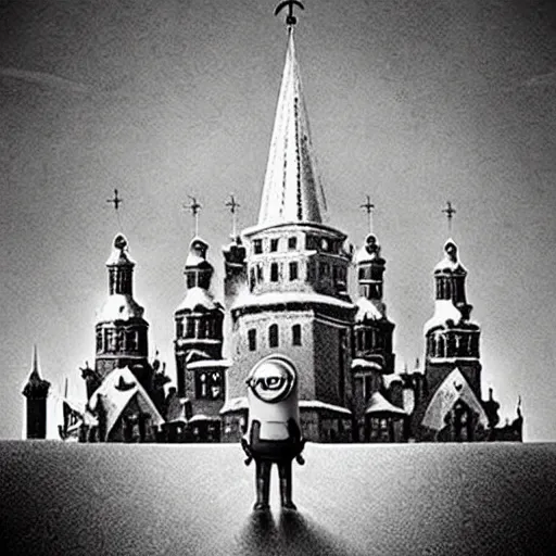 Prompt: minions from the movie despicable me with joseph stalin, with a background of the kremlin in snow, sepia tone picture, black and white photo