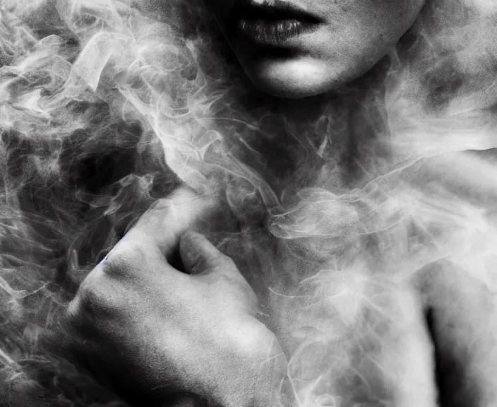 Prompt: mysterious and sensual scene of human transformation. 35mm double-exposure photo, slightly erotic, palm body, deep shadows, german expressionism, noir, slightly colorful, grainy photorealistic, thick white detailed smoke, natural bones and skin, natural textures, depth of field, ambient occlusion, motion blur, HD, masterpiece, volumetric, chromatic aberration by Richard Avedon, style of Ade Santora, perfect composition, masterpiece, intricate detailed