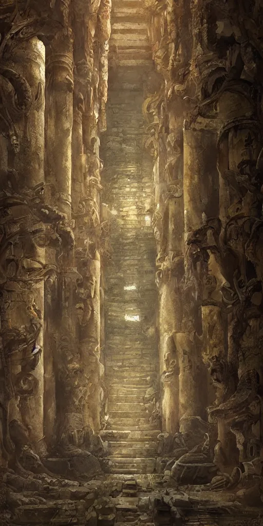 Image similar to ancient temple, pillars, tomb raidar, indiana jones, traps, from inside a temple, temple run, painted by greg rutkowski