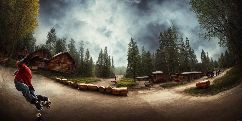 Prompt: a detailed beautiful matte painting of a skateboarder, kick flip, pilgrim village setting, log homes with graffiti, dirt road, trees by Mikko Lagerstedt and Raphael Lacoste, graffiti log homes with graffiti by Fintan Magee, fisheye lens