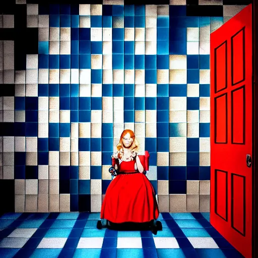 Image similar to alice in the wonderland, sitting, checkered floor, chair, blue dress, red door blonde, ceiling by cheval michael