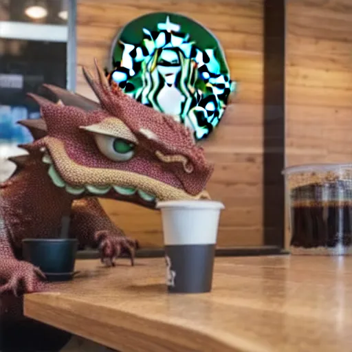 Image similar to a dragon getting coffee at starbucks. realistic high resolution color photo 2 0 2 2