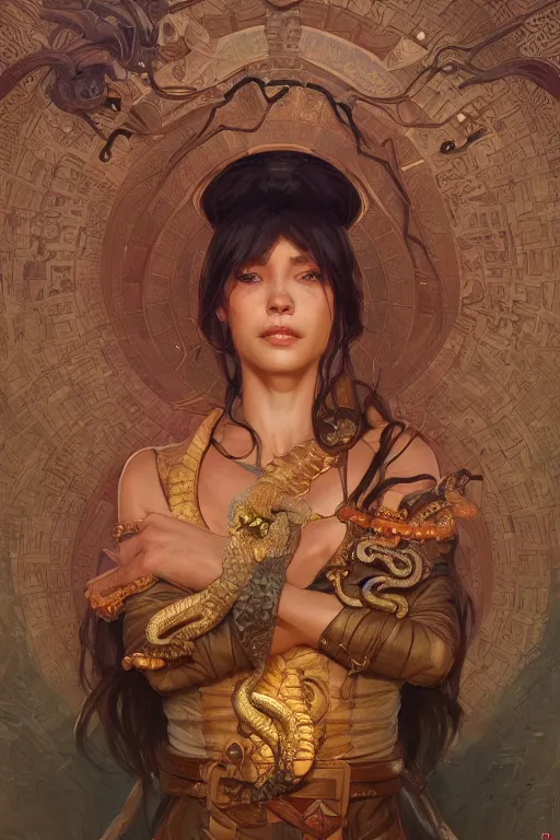 Image similar to snake king, treasure room, highly detailed, digital painting, artstation, concept art, smooth, sharp focus, illustration, art by artgerm and greg rutkowski and alphonse mucha and andrei riabovitchev