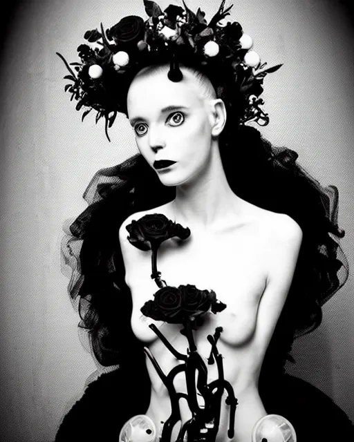 Image similar to dreamy surreal poetic black and white photo of a beautiful young bio-mechanical-female-cyborg-plant-plastic-robot with a very long neck and a super big gothic lace collar and a very high big floral crown with many black dry roses by Vivienne Westwood:: smoke, high fashion, haute couture, rococo, avant-garde, elegant, dreamy, hyper realistic, 150 mm lens, soft rim light, octane render, unreal engine, picture was taken in 1910 by Dora Maar, volumetric lighting, dramatic light,8k,