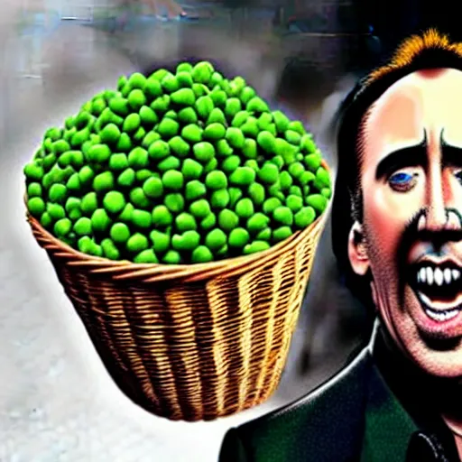 Image similar to nicolas cage with a wicker basket over head screaming with a mouth full of peas