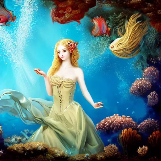 Prompt: underwater , a stunning beautiful rococo-era girl with blonde long hair and pale skin, abundant detail, fish , long dress character photography art