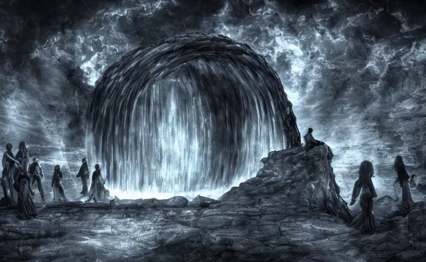 Prompt: alvah angelrune water portal to hell located in heaven, photorealistic, crowd of people, rule of thirds, 4 k, dark bright effect, version 3, very stylized