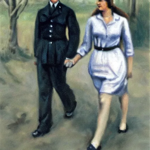 Image similar to an oil panting of a young hitler with her girlfriend, walking in berlin